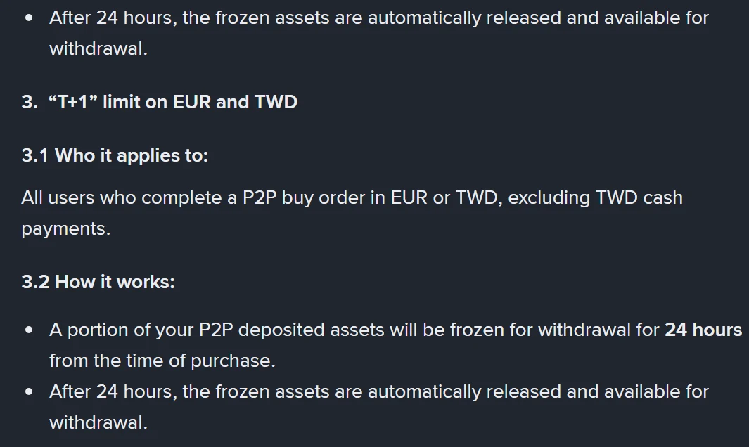 Section 3 de la page d'aide : la limite T+1 en EUR et TWD vise tous les acheteurs P2P, avec un gel de 24 heures à compter de l'achat