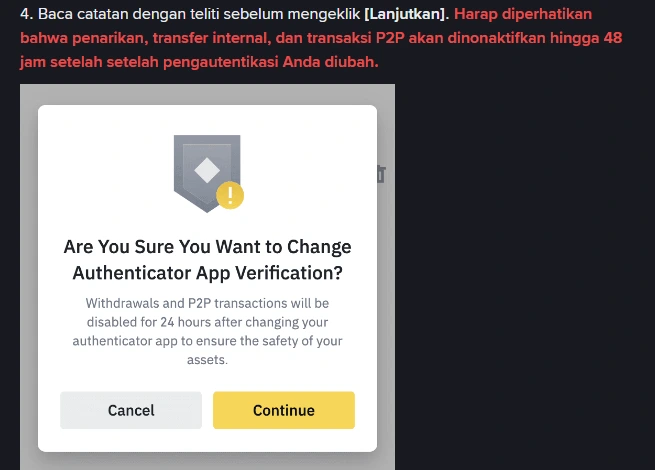 Langkah 4 artikel bantuan Binance: kalimat berbahasa Indonesia menyebut pembatasan hingga 48 jam, sedangkan pop-up produk di bawahnya bertuliskan Withdrawals and P2P transactions will be disabled for 24 hours after changing your authenticator app