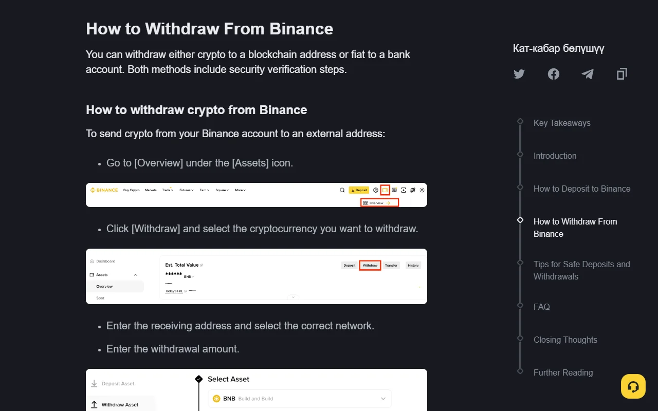 Tangkapan layar panduan resmi Binance yang menandai menu Assets, Overview, dan tombol Withdraw untuk memulai penarikan kripto