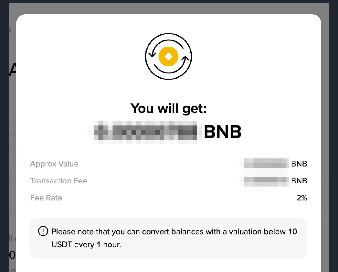 币安官方帮助页内嵌的小额兑换确认弹窗截图，显示 You will get 的 BNB 数量、Approx Value、Transaction Fee，Fee Rate 一栏为 2%，底部提示 Please note that you can convert balances with a valuation below 10 USDT every 1 hour