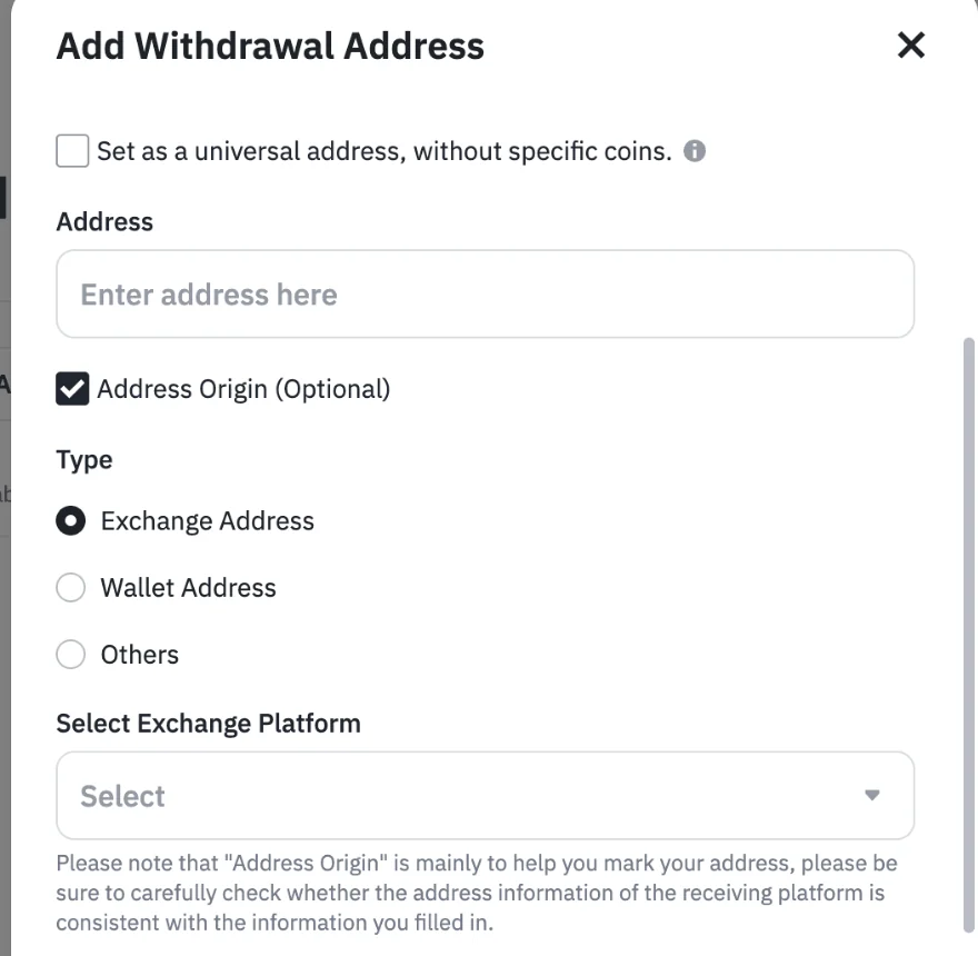 同一弹窗勾选 Address Origin 后展开的选项截图:Type 下有 Exchange Address、Wallet Address、Others 三个单选项,选中 Exchange Address 后下方出现 Select Exchange Platform 下拉框,底部有一段英文提示