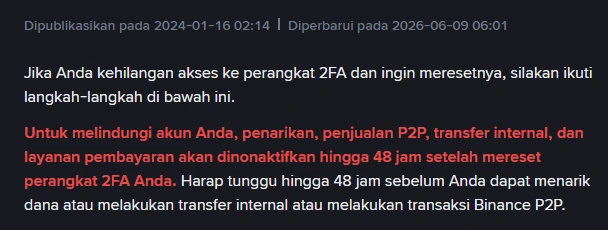 Peringatan resmi Binance berbahasa Indonesia: penarikan, penjualan P2P, transfer internal, dan layanan pembayaran dinonaktifkan hingga 48 jam setelah mereset perangkat 2FA