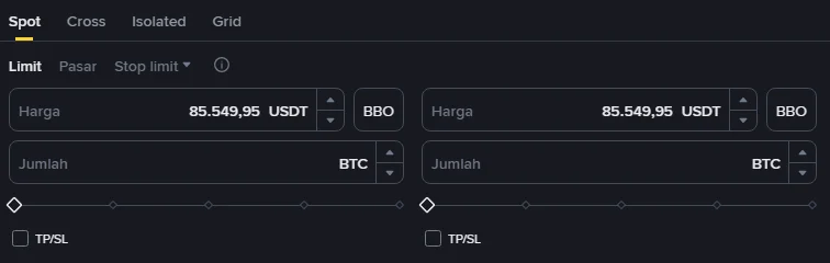 Panel order Spot Binance berbahasa Indonesia dengan tab Limit aktif, kolom Harga terisi 85.549,95 USDT, kolom Jumlah dalam BTC, tombol BBO, dan kotak centang TP/SL