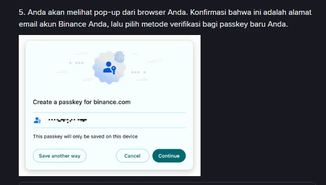Pop-up Chrome "Create a passkey for binance.com" pada halaman bantuan resmi Binance, dengan keterangan bahwa passkey ini hanya akan disimpan di perangkat ini serta tombol Save another way, Cancel, dan Continue