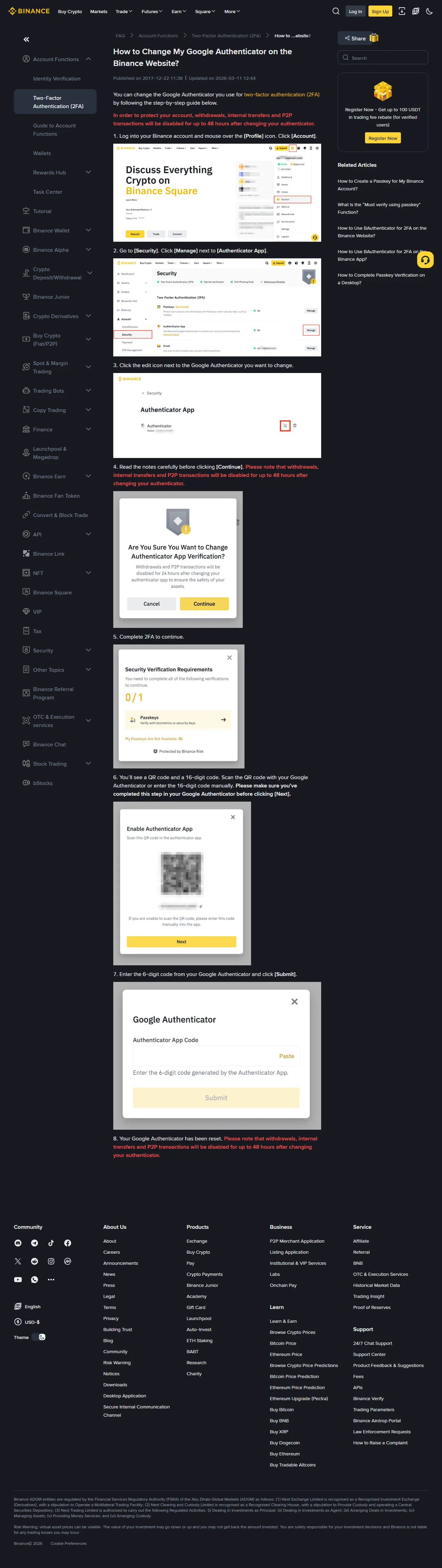 Binance 官方帮助中心的验证器更换页面，依次展示安全设置入口、48 小时限制提示、新二维码和 6 位验证码提交框